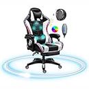 Video Gaming Chairs with LED Light, Bluetooth Speakers Computer Chair with Full Massage Lumbar Support, Ergonomic Pro Gaming Chair for Retractible Footrest and Backrest Adjustable,White