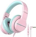 iClever HS19 Kids Headphones with Microphone, Volume Limiter 85/94dB, Sharing Function Stereo Headphones for Kids Girls Boys, Foldable Over-Ear Headphones for Online School/iPad/Chromebooks, Pink