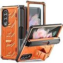 FONREST Rugged Case Armor for Samsung-Galaxy-Z-Fold-3 w/Built-in [Kickstand] [S Pen Holder] [Screen Protector] [Hinge Protection], Heavy Duty Shockproof Protective Cover NOT FIT Z Fold4/2 (Orange)