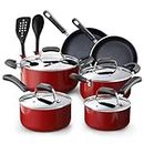 Cook N Home 02601 Stay Cool Handle, Red Marble Pattern 12-Piece Nonstick Cookware Set