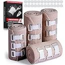 FRESINIDER Elastic Bandage Wrap 4 Pack(2 X 3" + 2 X 4" Wide Rolls) + 24 Clips | Stretch Compression Bandage Stretches up to 15ft | Ideal for Medical, Sports, Sprains, Calf, Ankle & Foot