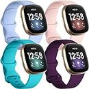 Getino 4 Pack Bands Compatible with Fitbit Sense and Fitbit Versa 3, Soft Waterproof and Durable Silicone Sport Strap, Adjustable Replacement Wristbands for Women Men, Small Plum/Teal/Lilac/Pink