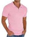 Askdeer Men's Polo Shirt Zip Classic Stretch Slim Fit T Shirts Stretch Casual&Work Pink