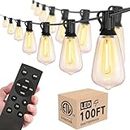 ST38 Outdoor 100FT String Lights with Remote, Waterproof Patio Lights with Dimmer and Timer, Outside Hanging Lights with 50+2 Shatterproof LED Edison Bulbs for Gazebo Backyard Deck Balcony 2200K