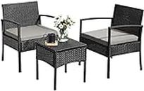 DEVOKO 3-Piece Outdoor Patio Furniture Set with Cushioned Wicker Chairs, Coffee Table, Ideal for Bistro, Balcony, Garden, Terrace (Black & Grey)