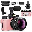 Mo Digital Cameras for Photography, 48MP&4K Vlogging Camera for YouTube, Video Camera with Wide-Angle & Macro Lenses, 16X Digital Zoom, Flip Screen, External Microphone, 32GB TF Card,Pink-2