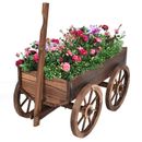 Wooden Wagon Flower Planter Pot Stand Bed w Wheel Outdoor Garden Yard Home Decor
