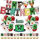 Minecra_ft Pixel Style Gamer Party Supplies, Miner Theme Birthday Party Favors and Decors Set, Includes 1 Pixel Game Birthday Banner, 13 Pixel Game Cake Inserts, 20 Latex Balloons, 1 Rolls Ribbon.