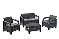 Keter GF06784 Corfu Outdoor 4 Seater Rattan Sofa Furniture Set with Accent Table - Graphite with Cream/Mushroom Cushions