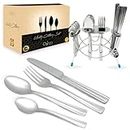 Oohm Stainless Steel Cutlery Set for Dining Table | Home Accessories All Items- Combo Pack of 25 With Dinner Spoons, Forks, Knives, Teaspoons With a Stand | Spoons and Forks Set - Kitchen Set for Home