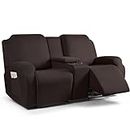TAOCOCO Loveseat Recliner Cover with Middle Console, 4 Piece Polyester Softness Fabric Stretch Loveseat Reclining Sofa Slipcovers(Coffee, 2 Seat Recliner Cover with Console)