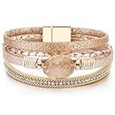 Leather Wrap Bracelet Boho Cuff Bracelets Crystal Bead Bracelet with Clasp Jewelry Gifts for Women(7.7", Gold)