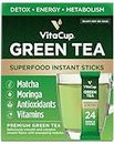 VitaCup Green Tea Instant Packets, Enhance Energy & Detox with Matcha, Moringa, B Vitamins, Fiber, Keto, Paleo, Vegan in Tea Powder Single Serving Sticks, 24 Ct