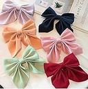 Bhanvi Creations 6 Large Satin Silk Hair Bow Clips Solid Color Big Bowknot Barrettes Hair Accessories for Girls/Women/Ladies