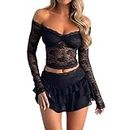 Betrodi Women 2 Piece Lace Skirt Set Y2K See Through Floral Mesh Crop Top Ruffle Mini Skirt Co Ord Set Party Club Outfits (Black, S)