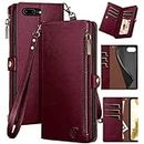 XcaseBar for iPhone 7Plus/8 Plus 5.5" Wallet case with Zipper Credit Card Holder【RFID Blocking】, Flip Folio Book PU Leather Phone case Shockproof Cover Women Men for Apple 7 Plus case Wine Red