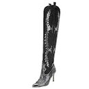CKSNDLF Women's Rhinestone Cowboy Boots Patterned Western Cowgirl Over The Knee High Boots Pointed Toe Wedding Party Shoes, Black, 8.5