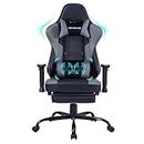 Gaming Chair with Massager Lumbar Support and Retractible Footrest, High Back Ergonomic Racing Style Computer Leather Executive Office Swivel Chairs Adjustable Armrests and Backrest (Grey)