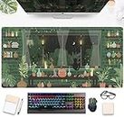 Niedliche regnerische Nacht-Schreibtischmatte, grüne Pflanzen, Schreibtischunterlage, Anime schwarze Katze, Kawaii, großes Gaming-Mauspad, Laptop-Tastaturpad für Frauen, Schreibtisch 80x40 cm