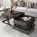 Welltrade Shoppee Modern Square End Tables Marble Finish Set of Coffee Table 2 Piece Tea Table or Center Table with Drawer and Black Metal Frame for Living Room Bedroom (Black - Z)