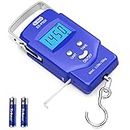 Dr.meter Fish scale, Backlit LCD Display 110lb/50kg PS01 Fishing Scale with Measuring Tape, Electronic Balance Digital Fishing Postal Hanging Hook Scale with 2 AAA Batteries-Fishing Gifts for Men,Blue