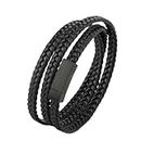 Star.W Classic Braided Double Layer Black Leather Bracelet Metal Magnetic Clasp Bracelet for Men Fashion Party Casual Accessories