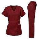 Medical Uniform Women's Scrubs Set Stretch Contrast Pocket Burgundy M