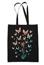 Dandelion Butterflies Tote Bag - Black - Butterfly Lover Shopping Bag - Cute Wildflower Carry Purse - Nature Lover Gardener Gifts - Make a Wish Floral Trendy Canvas Tote Bag