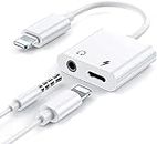 KPDP Dual 2 in1 Splitter 3.5mm Headphone Jack & Charge Splitter Adapter Compatible with All iPhone 11/12/X/XS/MAX/XR/iPad Earphone Charging/Call/Volume Control (Music or Call)