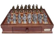 Dal Rossi Chess Set Dragon Themed Pewter Pieces w 40cm Walnut Board w Drawers