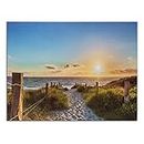 BANBERRY DESIGNS LED Lighted Beach Pathway Canvas Print - Sunset Coastal Themed Picture with a Sandy Beach Path Walkway Pier Dock Setting - Seascape Boardwalk Wall Art
