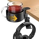Sackei 2 in 1 Large Desk Cup Holder Metal & Headphone Hanger Under Desk, 360° Rotating PC Gaming Desk Accessories Anti-Spill Table Cup Holder Clamp on Chair for Coffee Mugs Bottles, Headset