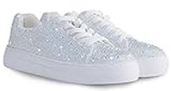 Suokdil Sparkle Rhinestone Sneakers for Women Bling Sneakers Rhinestone Sneakers White Shoe Glitter Fashion Bedazzled Platform Tennis Shoes Bride Sequin Wedding and Party Trendy Shoe, White, 8