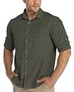 33,000ft Men's Long Sleeve Hiking Shirt Lightweight Quick Dry UPF50+ Button Shirts with Pockets Outdoor Shirts for Safari Walking Fishing Green L