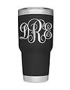 Personalized 3 Letter FANCY MONOGRAM, Vines Style Monogram, Laser Engraved YETI Tumblers, Mugs with Handle, Chug Bottles, and Can Colsters. Available in Black, White, and Navy colors