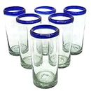 Mexican Blown Glass Highball Glasses Cobalt Blue Rim (Set of 6) by MEXHANDCRAFT
