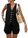 PRETTYGARDEN Women's 2 Piece Summer Matching Sets Button Front V Neck Vest Waistcoat Sleeveless Tops and Shorts with Pockets (Black,Small)