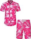 J.VER Mens Pink Beach Hawaiian Shirt and Shorts Set Regular Fit Funky Flamingo Holiday Shirt and Shorts Set Flower Button Down Summer Floral Party XL