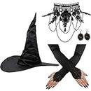 PRENDI 4 Pieces Halloween Witch Costumes Accessories Set for Women - Hat Black Lace Satin Gloves Gothic Necklace with Rhinestone Earrings Cosplay (style 1)