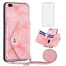 Phone Case for iPhone 6plus 6splus 6/6s Plus Wallet Cover with Screen Protector and Crossbody Strap Marble Credit Card Holder Stand Cell iPhone6 6+ iPhone6s 6s+ i 6P 6a S Six iPhone6splus Women Pink
