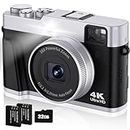 Digital Camera 4K 48MP Autofocus with 32G Card Optical Viewfinder 16x Zoom Vlogging Camera for Photography Flash Anti-shake Rechargeable Compact Camera for Beginner Teenager (Black)
