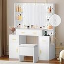 YITAHOME Makeup Vanity Desk with Mirror and Lights, Large Vanity Set with Charging Station, Dressing Table with Storage Bench, Makeup Vanity Mirror with Shelf and Drawers, 3 LED Lights Modes, White