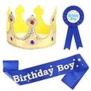 ASTER Birthday King Crown, Birthday Boy Sash and Button Pins -Birthday Boy Party Dress-Up Set for Boys Birthday Party Decoration