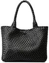 Woven Bag for Women, Fashion Top Handle Shoulder Bag Vegan Leather Shopper Bag Large Travel Tote Bag, Black