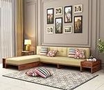Boldy Furniture Solid Sheesham Wooden L Shaped Sofa Set for Living Room - Wood Sofa Set with Fabric Cushions (Design 6)