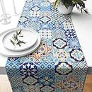AnyDesign Blue Tile Print Table Runner Vintage Patchwork Kitchen Dining Table Decoration Spanish Style Table Cover for Home Kitchen Party Restaurant Supplies, 13 x 72 Inch