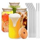 Glass Cups with Lids and Straws 16oz, Yirilan Drinking Glasses Beer Can Glasses Set of 4, Iced Coffee Cups with 4 Bamboo Lids, 4 Glass Straws, 2 Straw Cleaners, Glass Tumbler Reusable Cute Cups, Clear