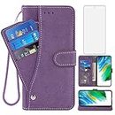 Asuwish Compatible with Samsung Galaxy S21 FE Gaxaly S 21 FE 5G Wallet Case and Tempered Glass Screen Protector Flip Cover Credit Card Holder Cell Phone Cases for Glaxay S21FE5G UW S21FE 21S G5 Purple