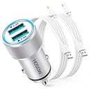 iPhone Car Charger Adapter [Apple MFi Certified],2.4A Dual USB Car Charger Car Phone Charger Cigarette Lighter Fast Car Charger iPhone with 2x Lightning Cable for iPhone 14 13 12 11 Pro Max/X/8/7/6/SE
