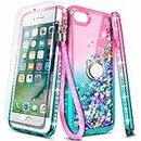 NGB Compatible for iPhone 8 Plus Case, iPhone 7 Plus /6 Plus /6S Plus with Tempered Glass Screen Protector, Ring Holder, Girls Women Kids Liquid Bling Sparkle Glitter Cute Case (Pink/Aqua)